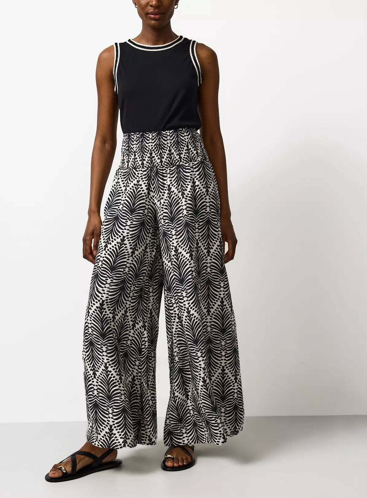 Mono Leaf Print Shirred Waist Palazzo Trouser