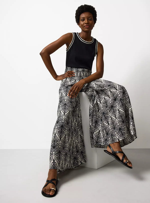 Mono Leaf Print Shirred Waist Palazzo Trouser